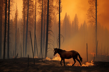 Generative Ai of a horse running away from a wildfire.	
