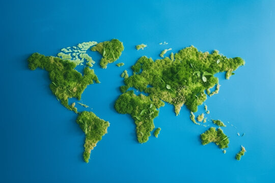 Generative AI of a flat world map created from moss and greenery against blue background representing water. 