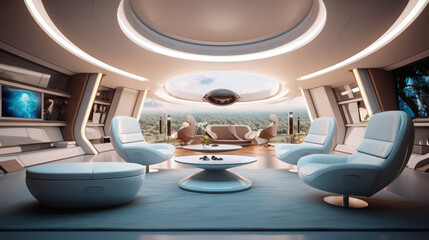 Living Room of a beautiful futuristic design. AI Generated.