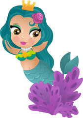 cartoon scene with mermaid princesss wimming near coral reef isolated illustration for children