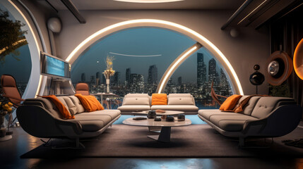 Living Room of a beautiful futuristic design. AI Generated.