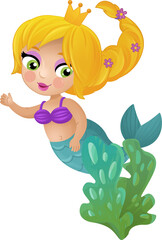 cartoon scene with mermaid princesss wimming near coral reef isolated illustration for children