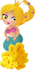 cartoon scene with mermaid princesss wimming near coral reef isolated illustration for children