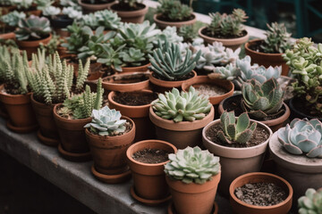 Generative Ai of many pots with succulent and cacti 