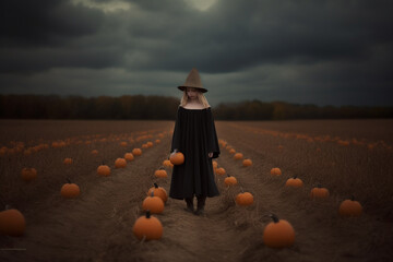Generative Ai of a girl in a field with pumpkins at Halloween. Artsy image. 