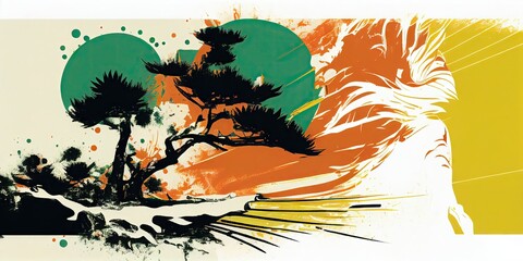 Graphical wilderness-themed design Energetic work with an aggressive summer attitude Aggressive, uplifting colors Abstract, Elegant and Modern illustrationby AI generated.