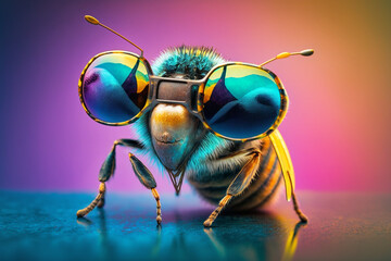 Generative Ai of a colorful bee wearing sunglasses