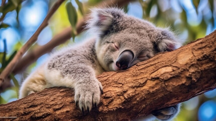 Snuggly koala dozing in the tree. Generative AI