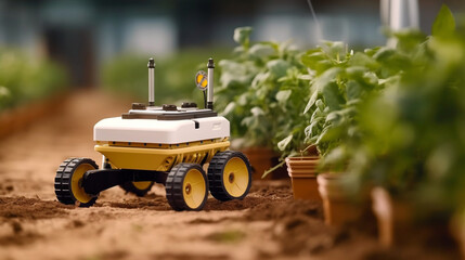 A smart agricultural robot inspects a developing plant. Generative AI