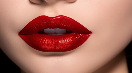 Obraz premium Close-up of vibrant red lips. Exquisite makeup design showcasing bold crimson hues. Generative AI