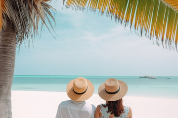 Fototapeta na wymiar Generative AI of a couple with straw hats enjoying summer at the ocean.