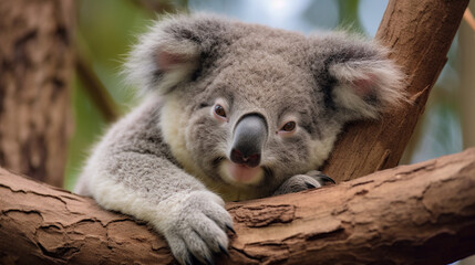 Snuggly koala dozing in the tree. Generative AI