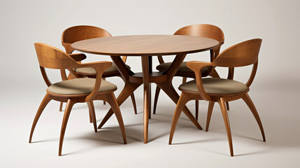 Circular wooden dining table and accompanying chairs. Generative AI