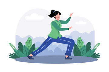 Woman practices tai chi in a serene garden.