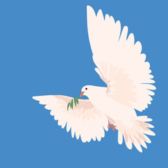 Dove on a blue background. Vector. The world famous symbol of peace. A beautiful shiny white dove with an olive branch takes off into the blue sky. Holy spirit in the form of a bird.