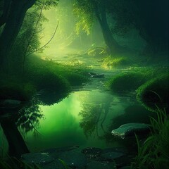 a fantastic haze calm forest with a fantastic lake surface, in a fantasy world, in a beautiful fantasy world, in a calm green abstract elegant modern illustrationby AI generated.