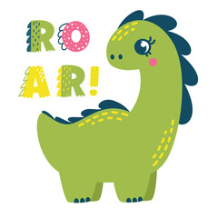 Vector children's illustration. Cute brachiosaurus and the inscription ROAR. Print for children's products. Vector illustration
