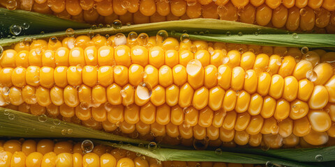 Top view closeup of milky fresh corn cob in drops of rain on a black background surface. Vegetable wallpaper, fresh healthy yellow corns concept banner. Generative AI professional photo imitation.