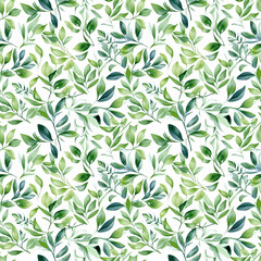 Watercolor seamless pattern with many green leaves on white background. Generative AI.