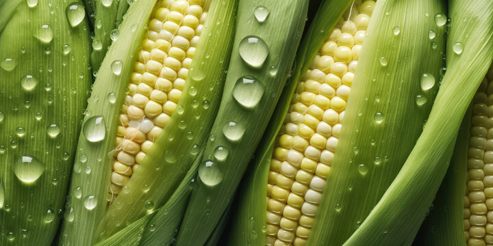 Top view closeup of milky fresh corn cob in drops of water. Vegetable wallpaper, fresh healthy yellow corns concept banner. Generative AI professional photo imitation.