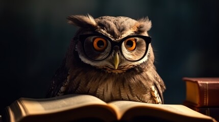 Wise Owl with Glasses: The owl looks at the Open Book. Generative AI