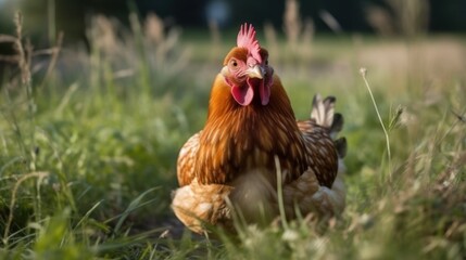 Fototapeta premium Hen walks in the summer among the green grass. Generative AI