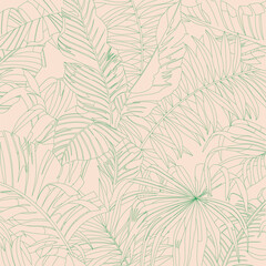 Fototapeta na wymiar Dark green lines color of tropical leaves and plants on light green background, flat line vector and illustration.