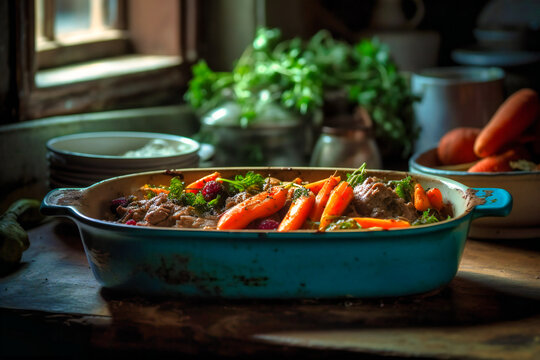 a baked dish with carrots and meat in it