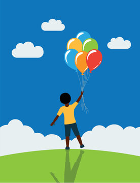 little boy on green meadow dream about flying with balloons vector illustration EPS10