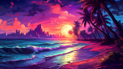 Tropical Night Sea Beach Illustration Generative AI