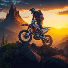 Motocross (Enduro) Bike Rider in the Mountains. Navigating a Challenging Trails with Adventure Motorbike.