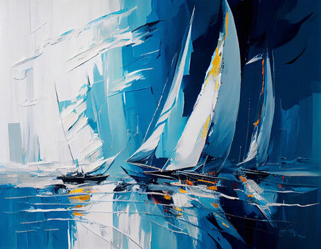 Yachts at sea - Oil painting on canvas - created with Generative AI technology
