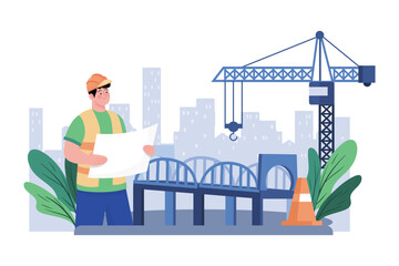 Naklejka premium Contractor oversees bridge construction over river.
