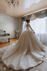 the bride in a white wedding dress. happy beautiful young woman in white traditional wedding dress with long train in her room. large windows and light walls.