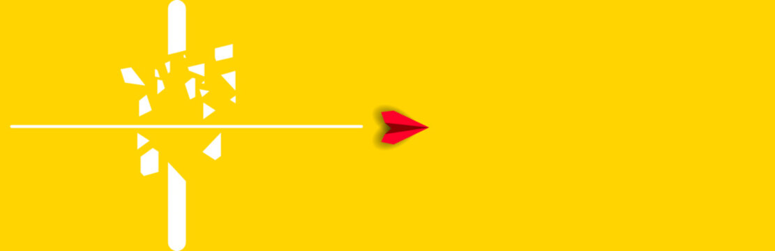 red plane is flying towards success, overcoming obstacles.Overcoming obstacles idea concept.	
