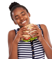 Face, sandwich and organic with a black girl on a diet isolated on a transparent background for...
