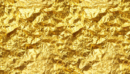 Shiny golden yellow crumpled metallic foil repeat pattern. Modern abstract luxury gilded age wallpaper.
