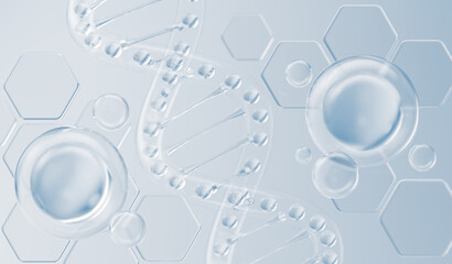 Cosmetic Essence, Liquid bubble, Molecule inside Liquid Bubble on DNA water splash background, 3d rendering