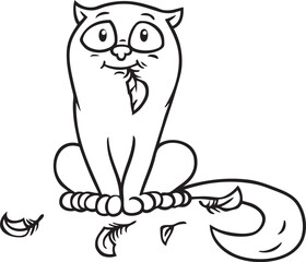 Witzige Cartoon Illustration von einer Katze, die unschuldig und lieb lächelnd da sitzt, während mehrere Federn eines Vogels sie als Jägerin entlarven