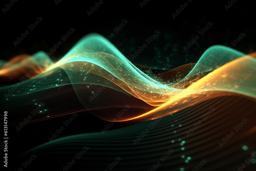 Poster abstract futuristic background with glowing neon moving high speed wave lines and bokeh lights. Data transfer concept Fantastic wallpaper. Generative AI