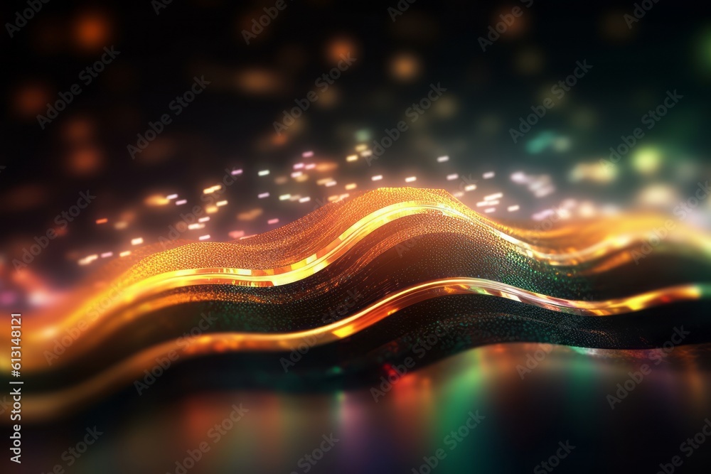 Poster abstract futuristic background with glowing neon moving high speed wave lines and bokeh lights. Data transfer concept Fantastic wallpaper. Generative AI