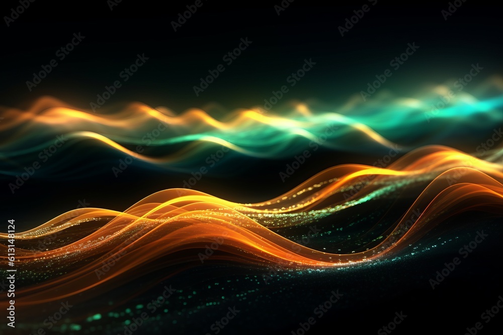 Aufkleber abstract futuristic background with glowing neon moving high speed wave lines and bokeh lights. Data transfer concept Fantastic wallpaper. Generative AI