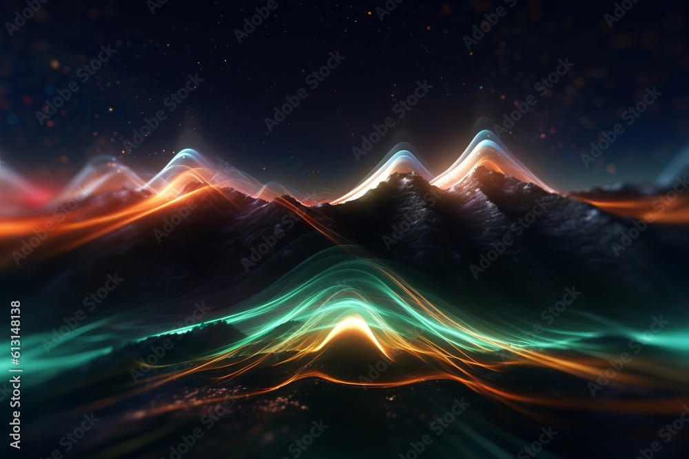 Poster abstract futuristic background with glowing neon moving high speed wave lines and bokeh lights. Data transfer concept Fantastic wallpaper. Generative AI
