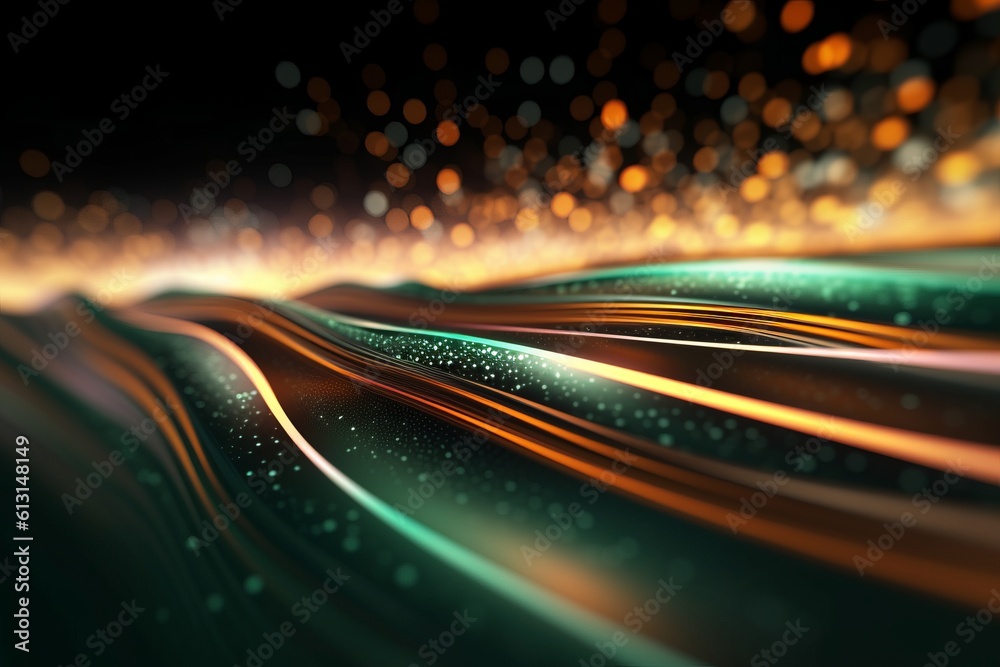 Poster abstract futuristic background with glowing neon moving high speed wave lines and bokeh lights. Data transfer concept Fantastic wallpaper. Generative AI