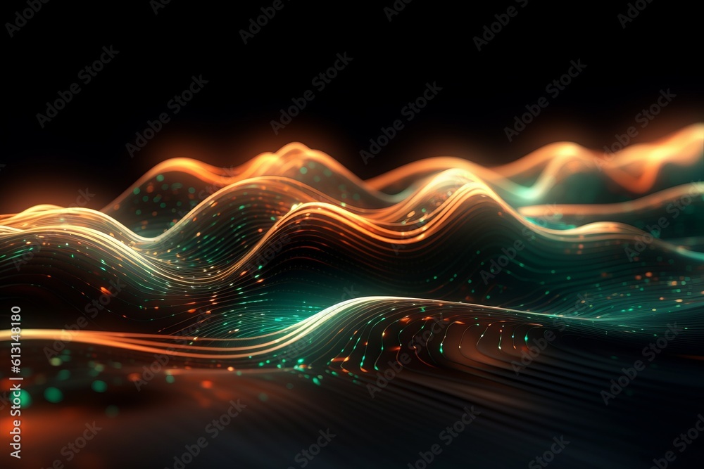 Poster abstract futuristic background with glowing neon moving high speed wave lines and bokeh lights. Data transfer concept Fantastic wallpaper. Generative AI