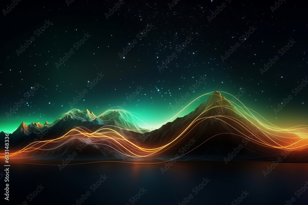 Poster abstract futuristic background with glowing neon moving high speed wave lines and bokeh lights. Data transfer concept Fantastic wallpaper. Generative AI