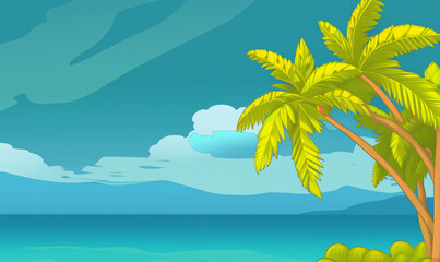 Fototapeta na wymiar abstract cartoon style illustration of tropical island, vacations in tropics, tropical paradise created with generative ai technology