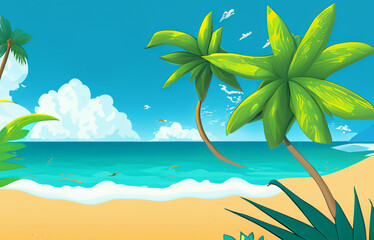 abstract cartoon style illustration of tropical island, vacations in tropics, tropical paradise created with generative ai technology