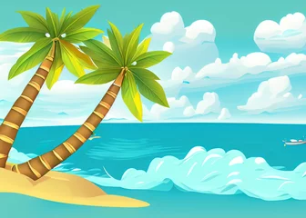 Zelfklevend Fotobehang abstract cartoon style illustration of tropical island, vacations in tropics, tropical paradise created with generative ai technology © Alena Yakusheva