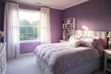 Purple walls and purple accents in a bedroom. AI generative